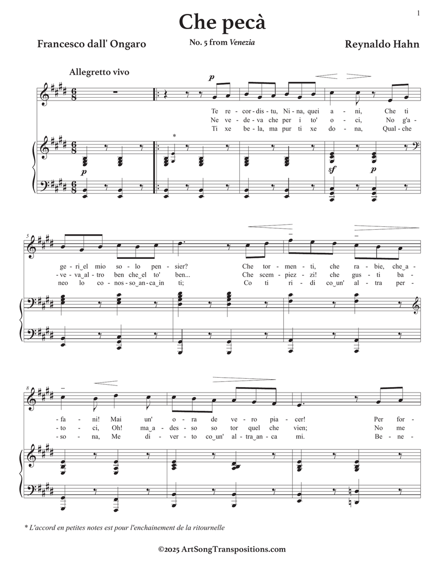 HAHN: Che pecà (transposed to E major) Piano, Vocal scores gallery preview page 2