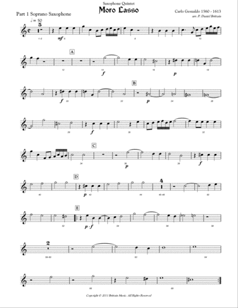 Moro Lasso saxophone quintet Saxophone Quintet scores gallery preview page 1