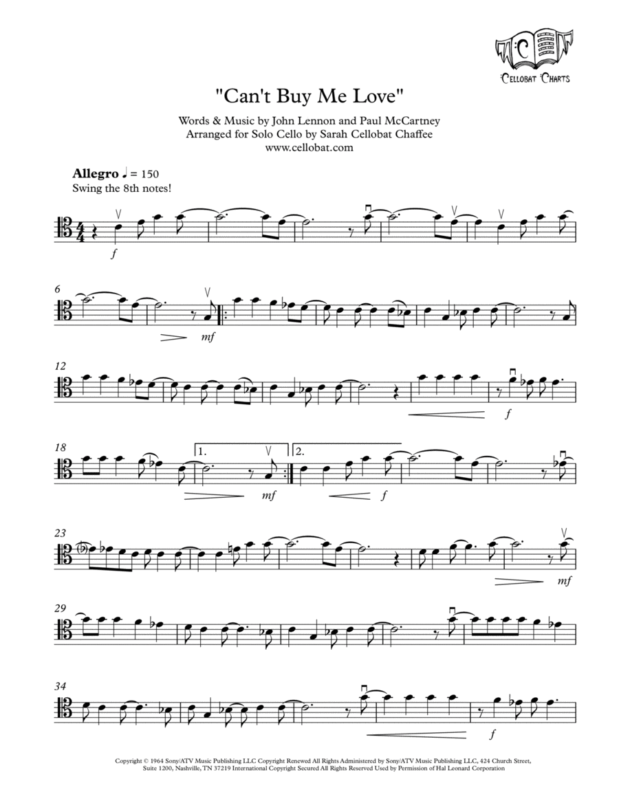 Can't Buy Me Love Cello Solo scores gallery preview page 1