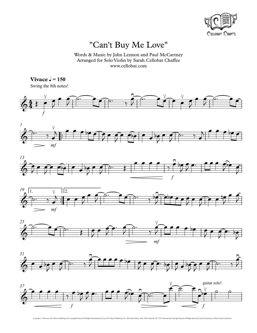 Can't Buy Me Love Violin Solo scores gallery preview page 1