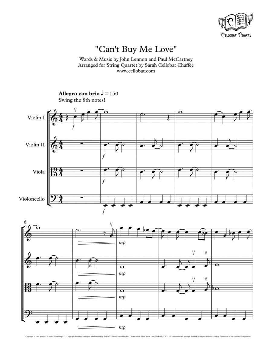 Can't Buy Me Love String Quartet scores gallery preview page 1