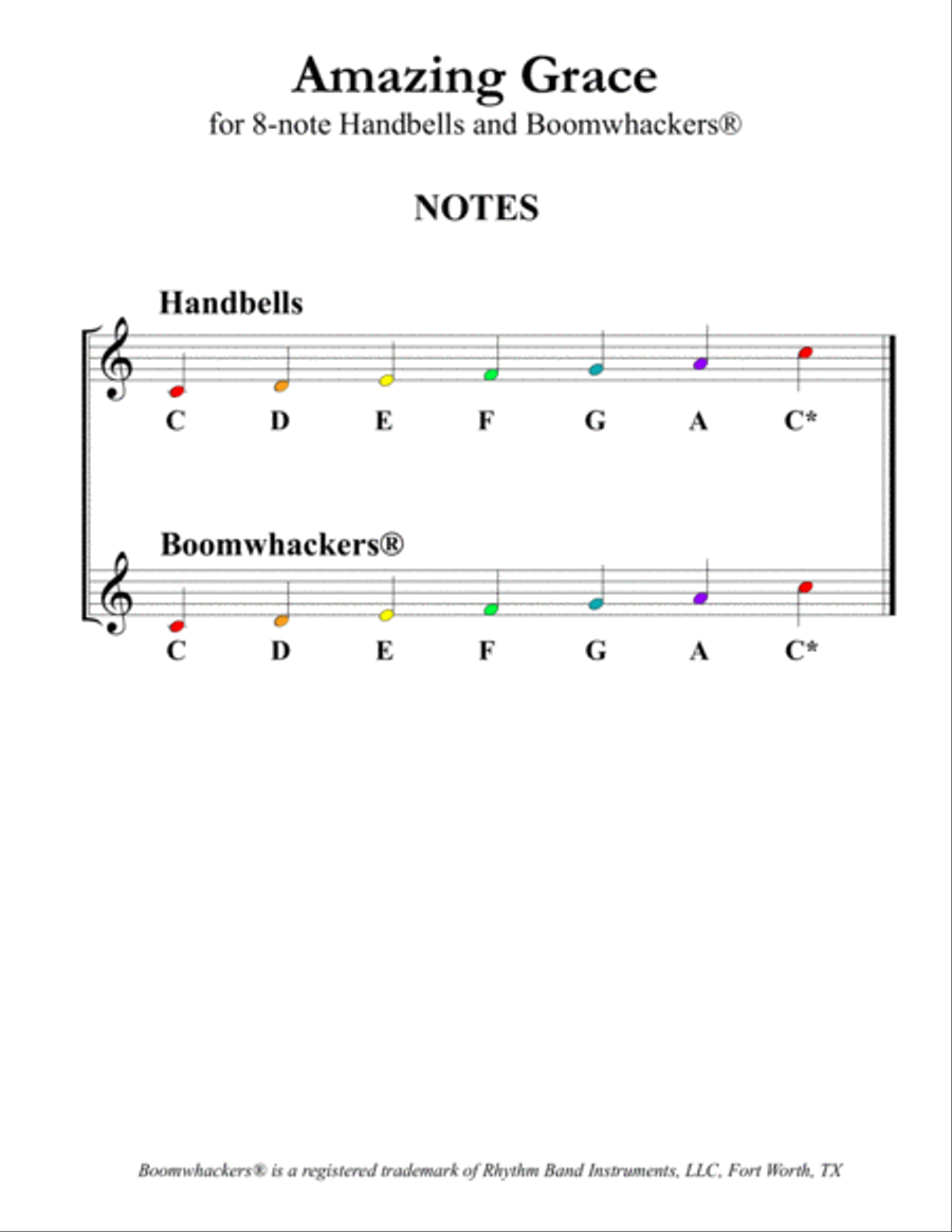 Amazing Grace (for 8-note Bells and Boomwhackers with Color Coded Notes) Handbell Choir scores gallery preview page 3