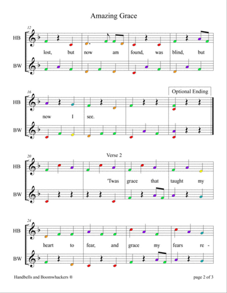 Amazing Grace (for 8-note Bells and Boomwhackers with Color Coded Notes) Handbell Choir scores gallery preview page 6