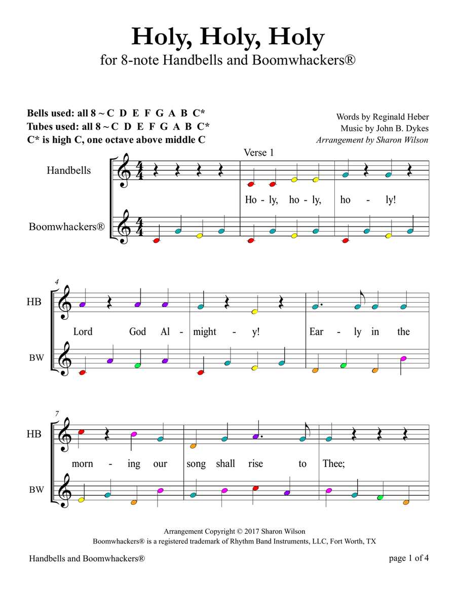 Holy, Holy, Holy (for 8-note Bells and Boomwhackers with Color Coded Notes) Handbell Choir scores gallery preview page 5