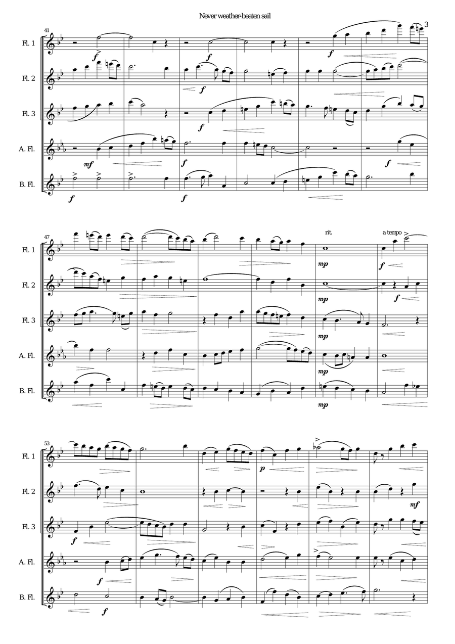 Never weather-beaten sail for flute quintet Woodwind Ensemble scores gallery preview page 3