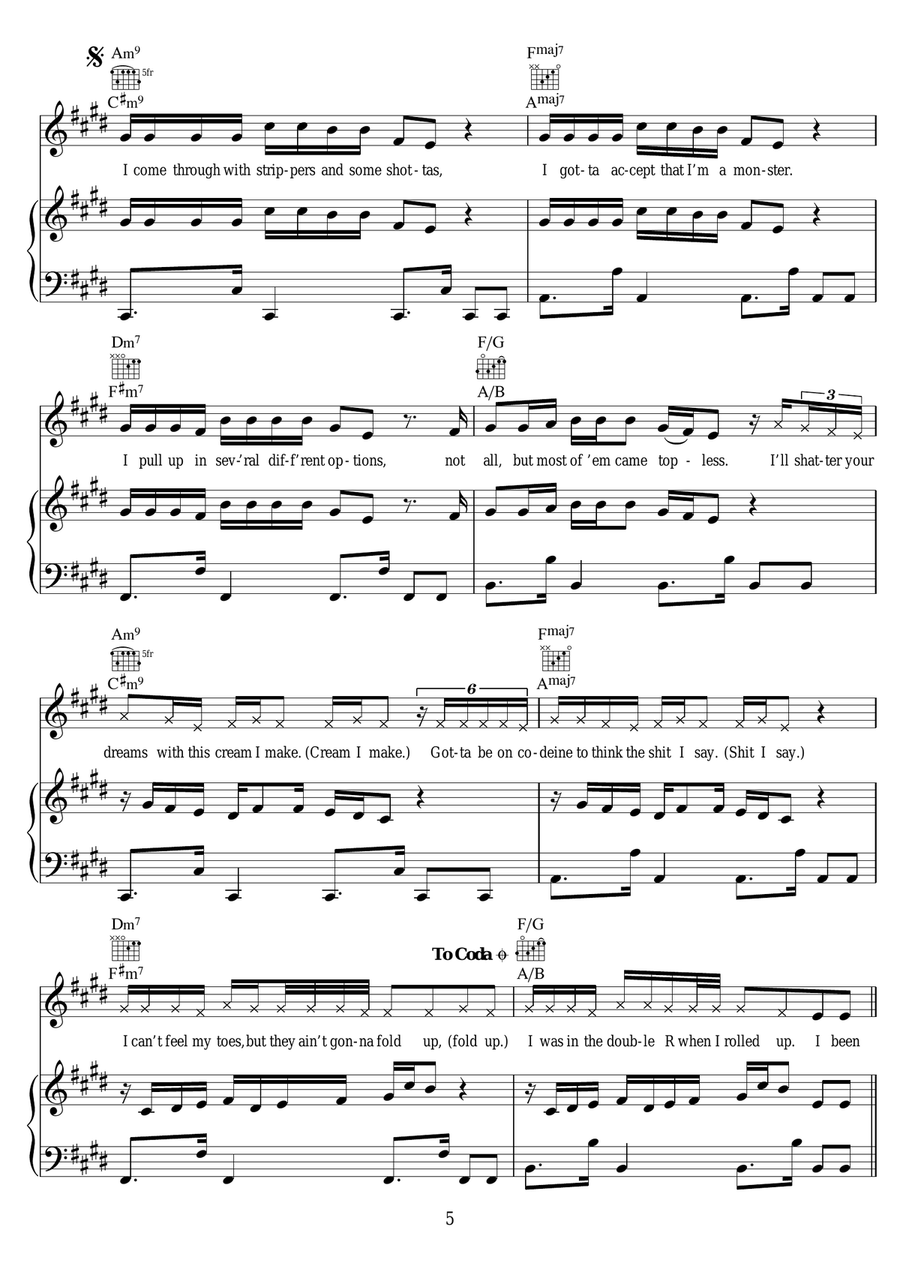 Rollin (featuring Future) Piano, Vocal scores gallery preview page 5