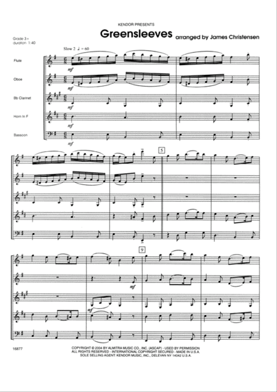 Greensleeves - Full Score Woodwind Ensemble scores gallery preview page 1