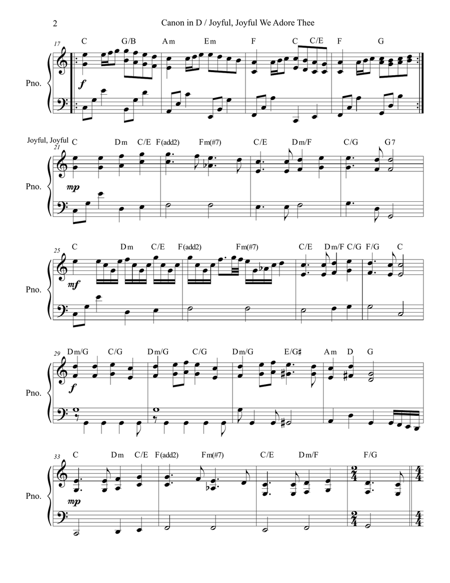 Canon in D / Joyful, Joyful We Adore Thee (Key of C - Solo Piano) Easy Piano scores gallery preview page 2