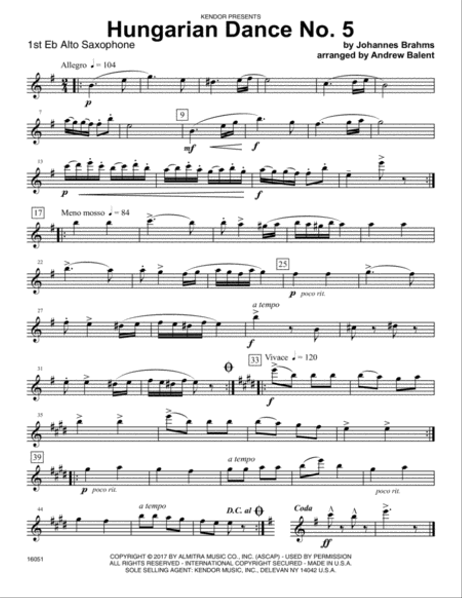 Hungarian Dance No. 5 - 1st Eb Alto Saxophone Alto Saxophone scores gallery preview page 1