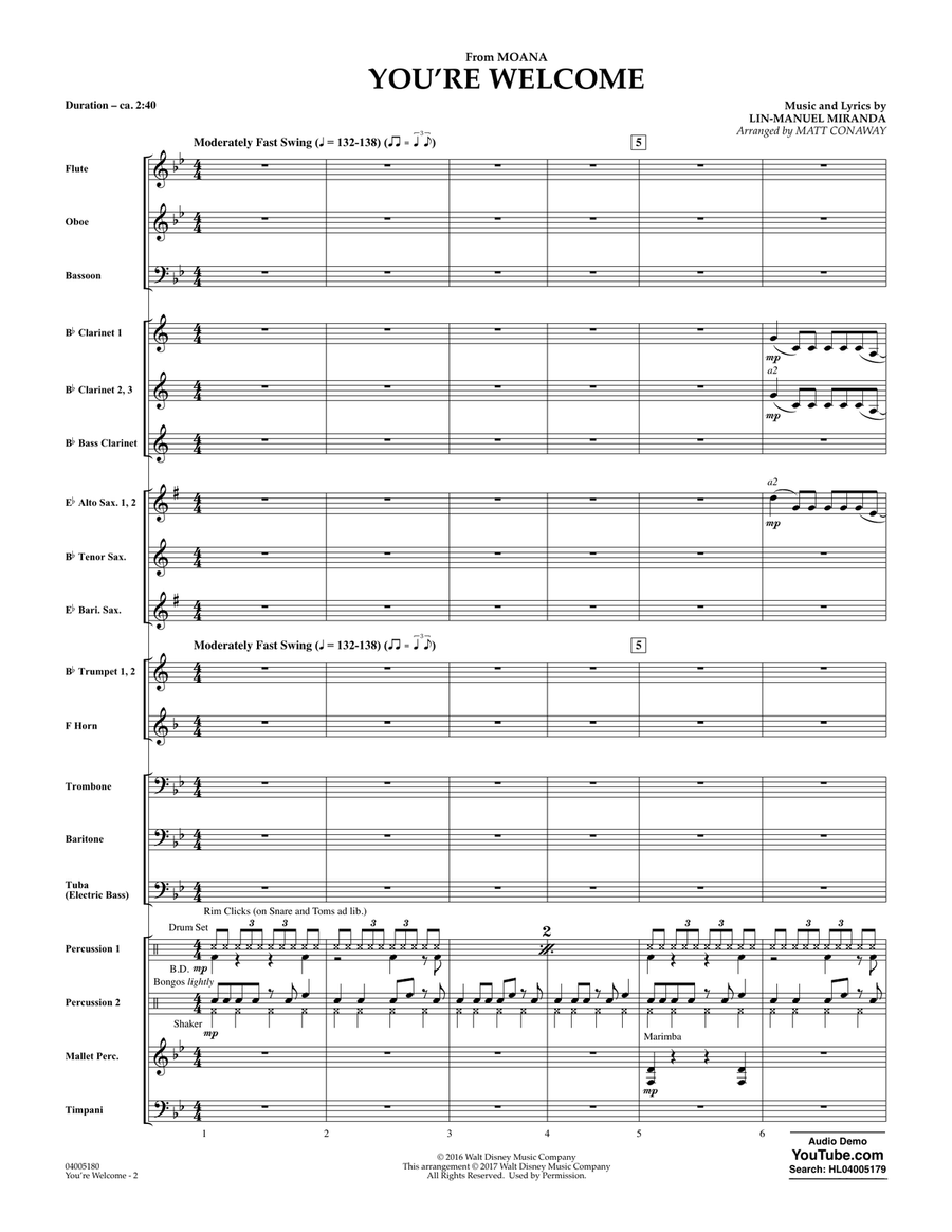 You're Welcome (from Moana) (arr. Matt Conaway) - Conductor Score (Full Score) Concert Band scores gallery preview page 2