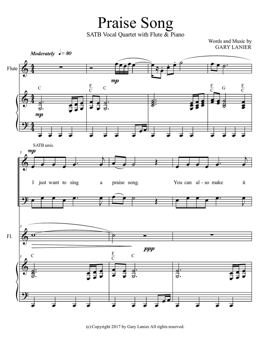 PRAISE SONG (SATB Vocal Quartet with Flute & Piano) 4-Part scores gallery preview page 2