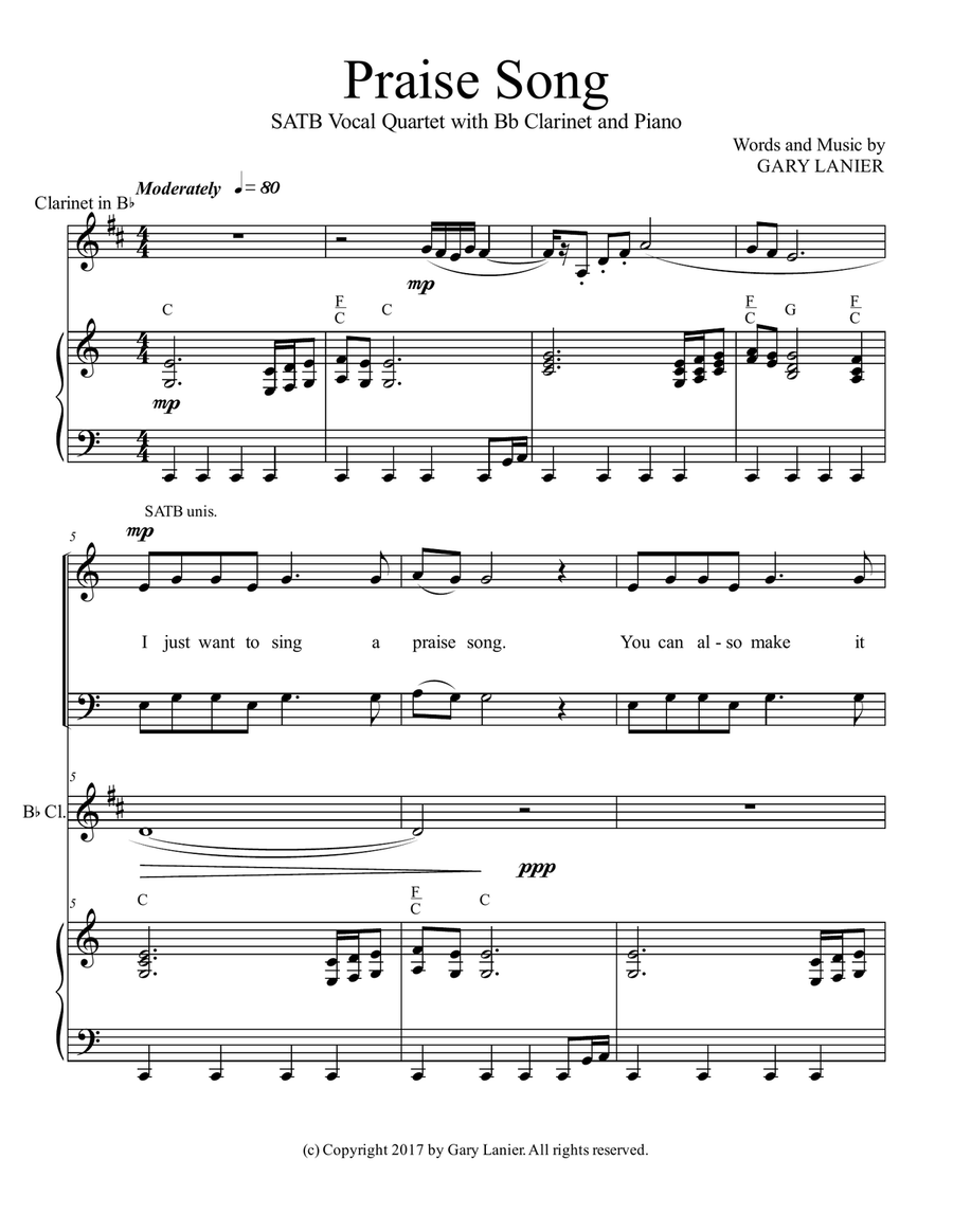 PRAISE SONG (SATB Vocal Quartet with Bb Clarinet & Piano) 4-Part scores gallery preview page 2