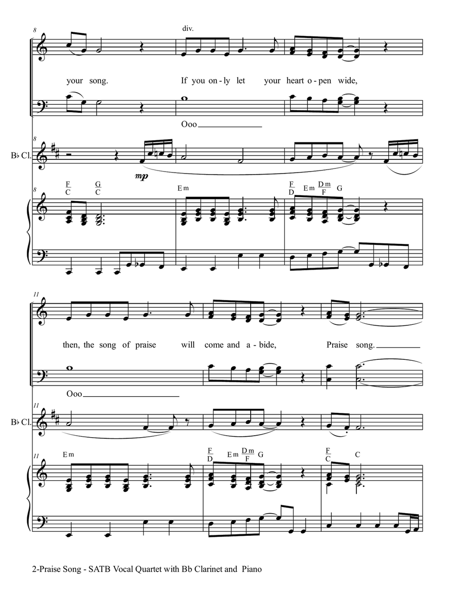 PRAISE SONG (SATB Vocal Quartet with Bb Clarinet & Piano) 4-Part scores gallery preview page 3