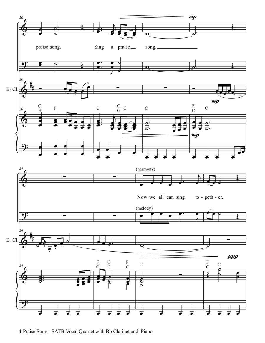 PRAISE SONG (SATB Vocal Quartet with Bb Clarinet & Piano) 4-Part scores gallery preview page 5