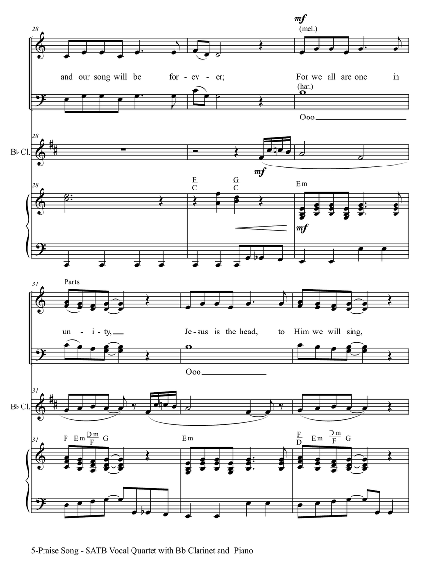 PRAISE SONG (SATB Vocal Quartet with Bb Clarinet & Piano) 4-Part scores gallery preview page 6