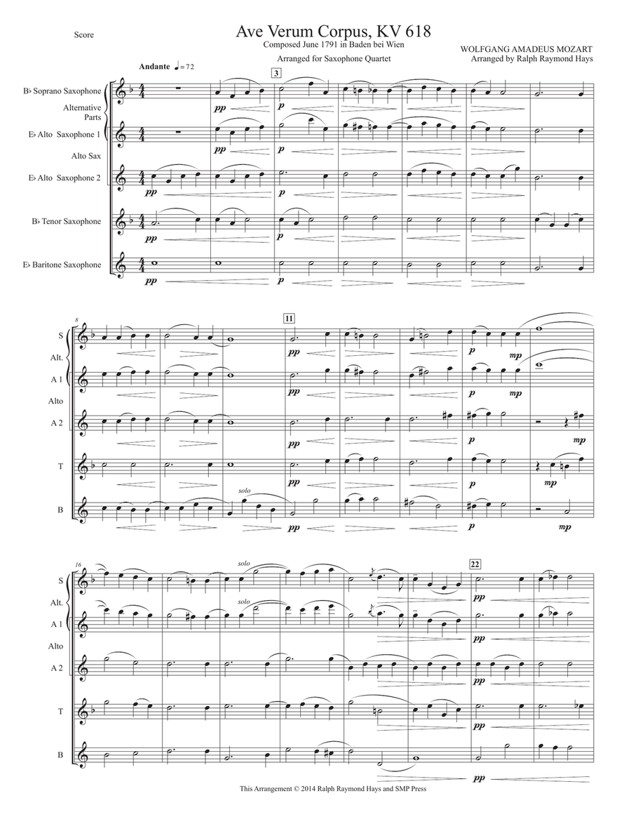 Ave Verum Corpus, KV 618 (1791) for saxophone quartet Saxophone Quartet scores gallery preview page 2