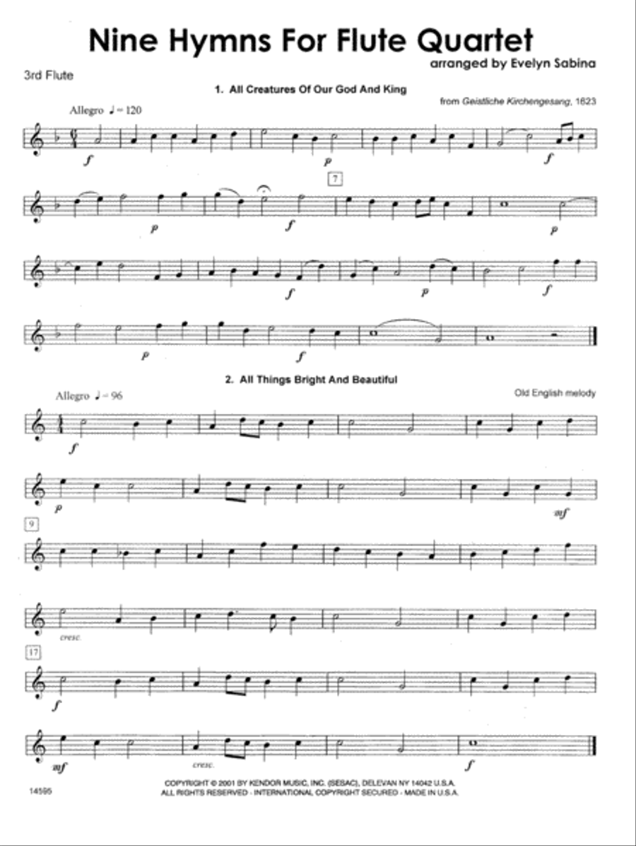 Nine Hymns For Flute Quartet - 3rd C Flute Flute scores gallery preview page 1
