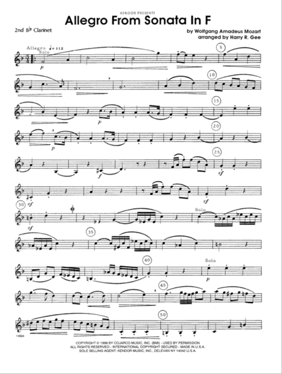 Allegro From Sonata In F - 2nd Bb Clarinet B-Flat Clarinet scores gallery preview page 1