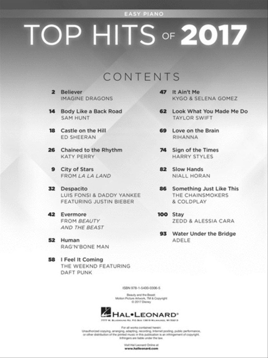 Top Hits of 2017 Piano, Vocal, Guitar scores gallery preview page 2