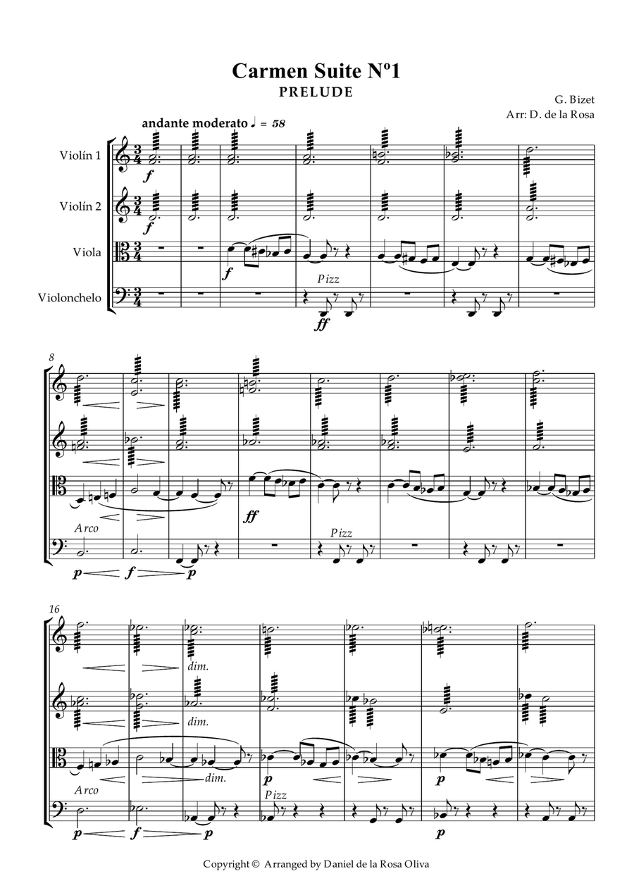 Carmen Suite Nº 1 (Prelude and Aragonaise) - G. Bizet (Full Score and Parts) String Quartet scores gallery preview page 2