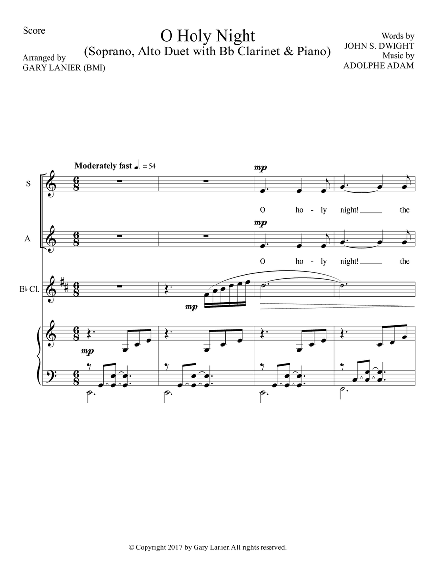 O HOLY NIGHT (Soprano, Alto Duet with Bb Clarinet & Piano - Score & Parts included) SA scores gallery preview page 2
