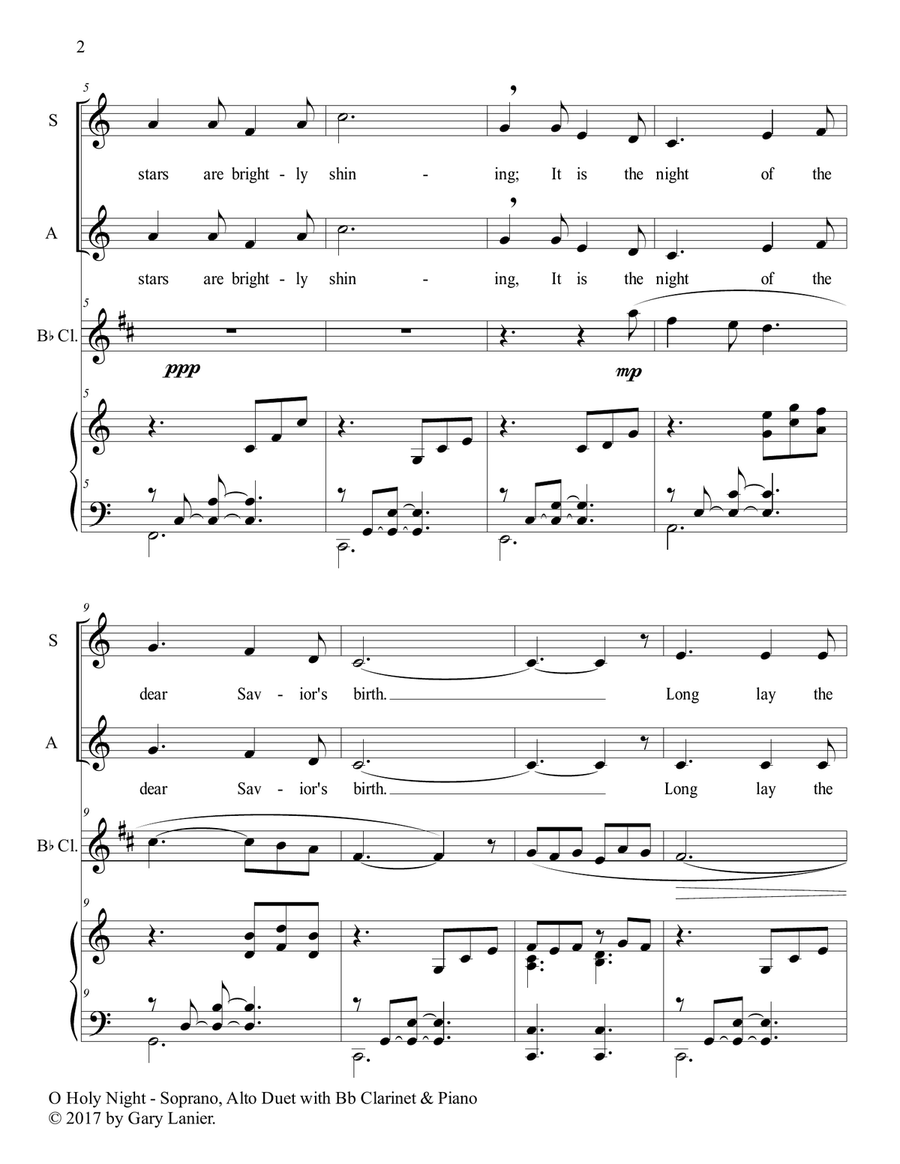 O HOLY NIGHT (Soprano, Alto Duet with Bb Clarinet & Piano - Score & Parts included) SA scores gallery preview page 3
