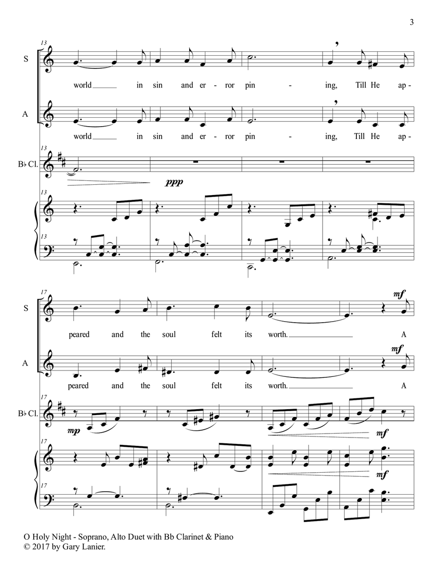 O HOLY NIGHT (Soprano, Alto Duet with Bb Clarinet & Piano - Score & Parts included) SA scores gallery preview page 4