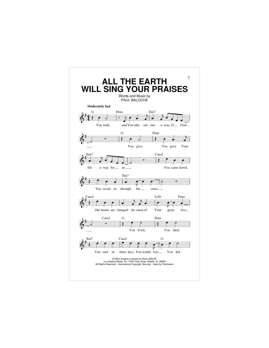All The Earth Will Sing Your Praises Piano scores gallery preview page 1