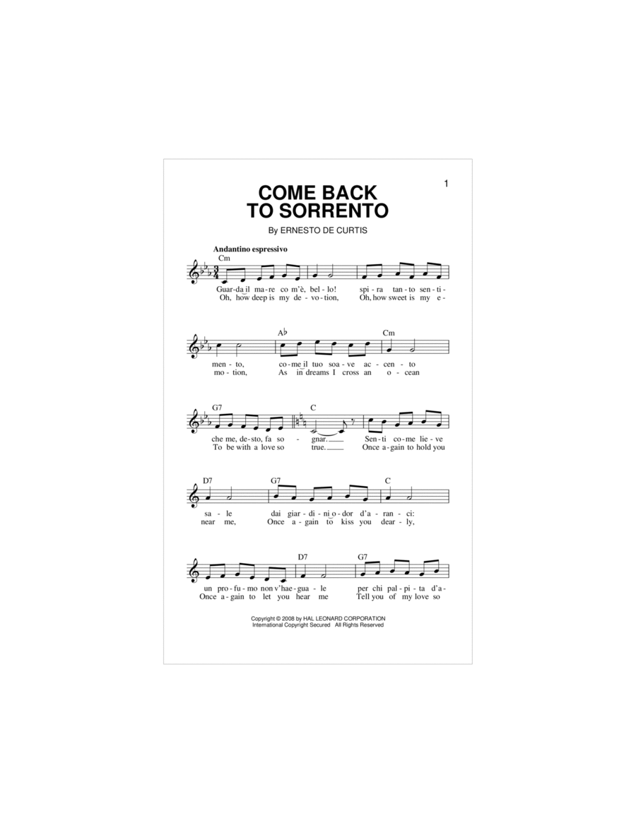Come Back To Sorrento Piano scores gallery preview page 1