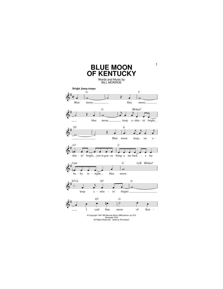 Blue Moon Of Kentucky Piano scores gallery preview page 1