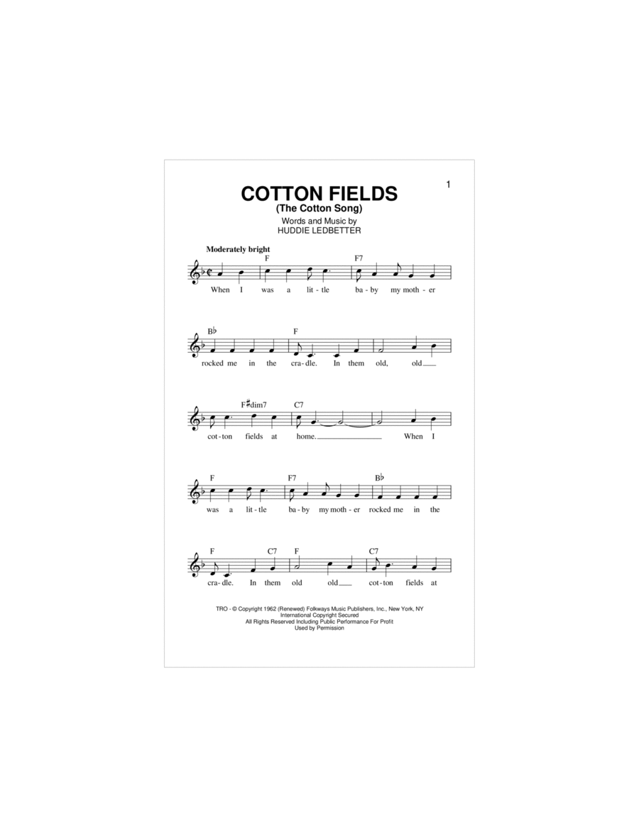 Cotton Fields (The Cotton Song) Piano scores gallery preview page 1