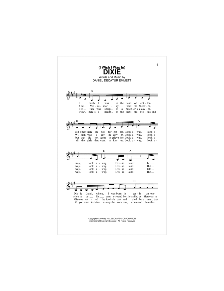 (I Wish I Was In) Dixie Piano scores gallery preview page 1