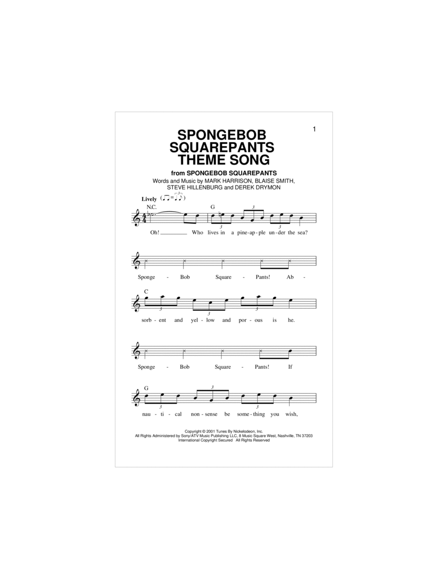 SpongeBob SquarePants Theme Song Guitar scores gallery preview page 1