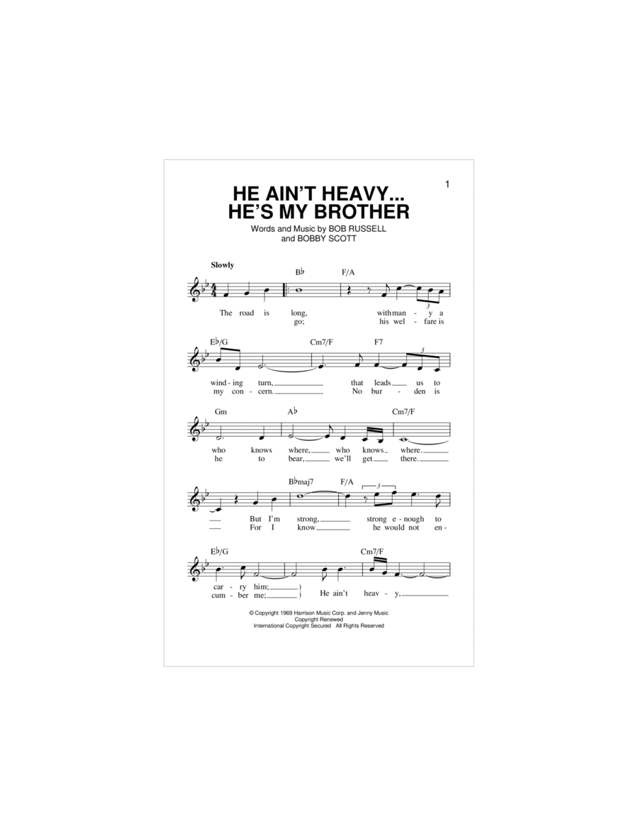 He Ain't Heavy, He's My Brother Piano scores gallery preview page 1