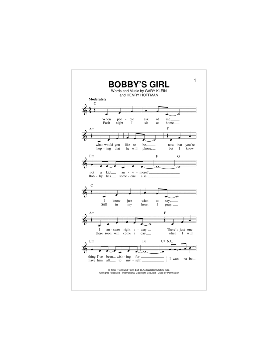 Bobby's Girl Piano scores gallery preview page 1