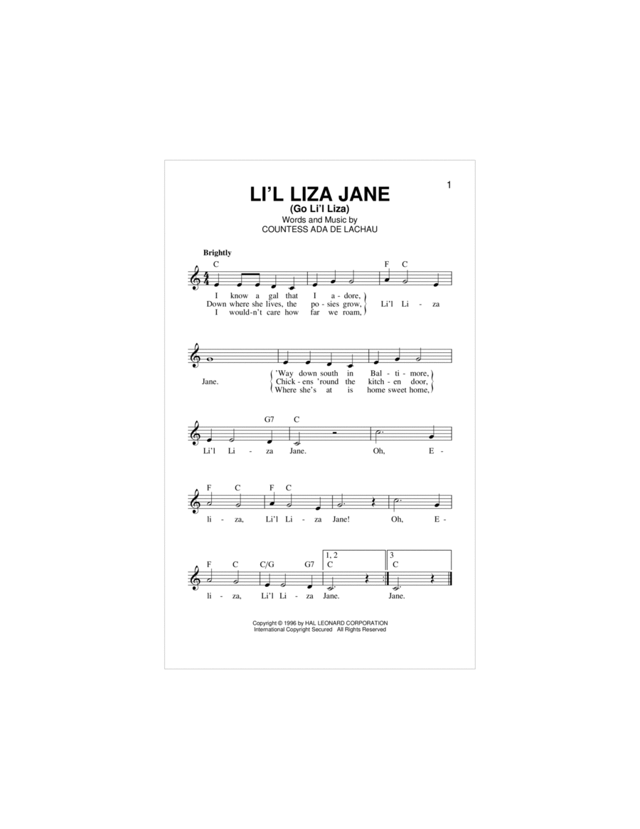 Li'l Liza Jane (Go Li'l Liza) Piano scores gallery preview page 1