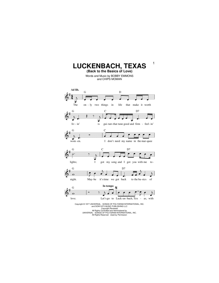 Luckenbach, Texas (Back To The Basics Of Love) Piano scores gallery preview page 1