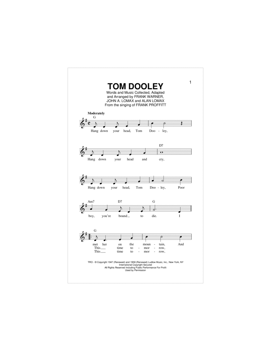 Tom Dooley Piano scores gallery preview page 1