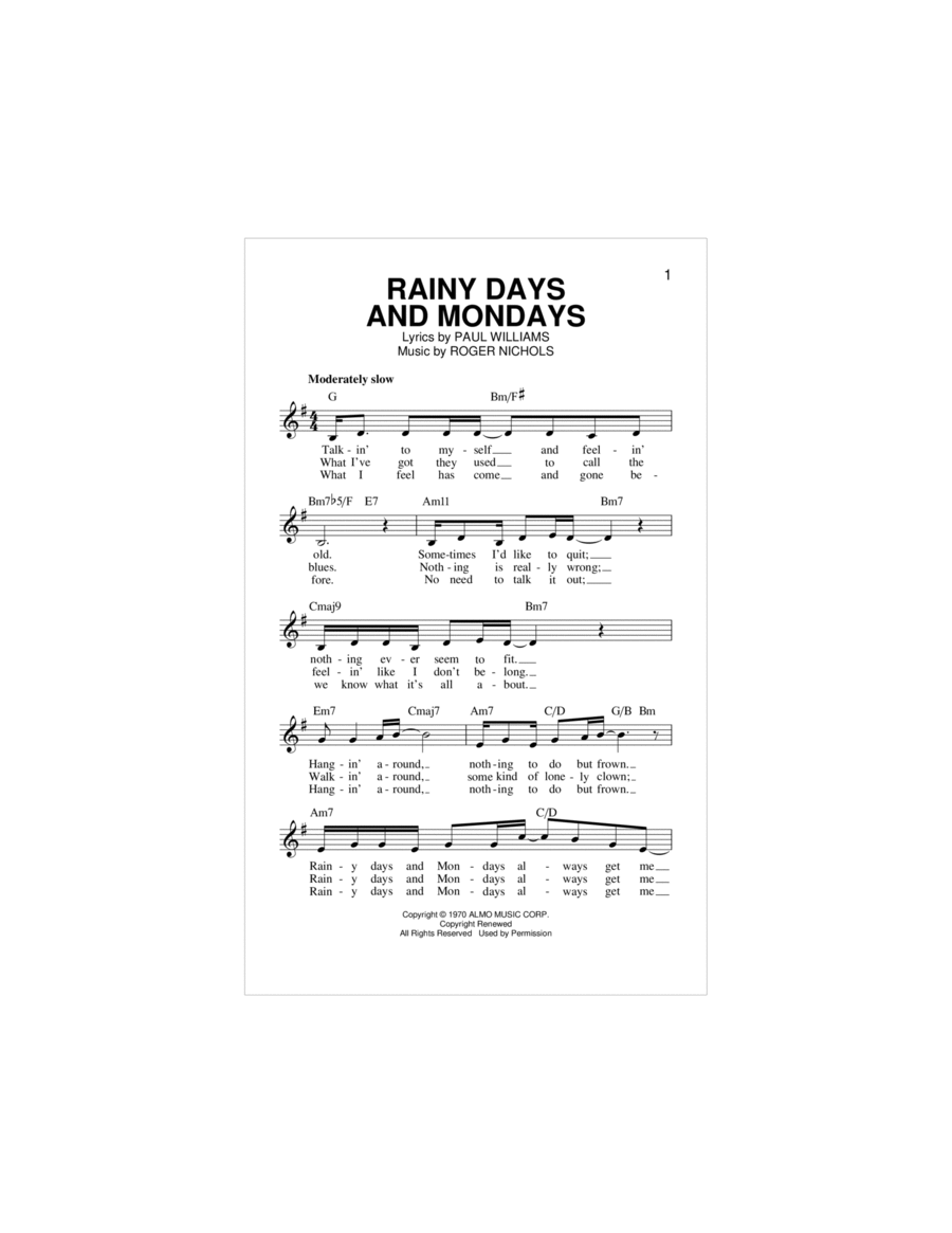 Rainy Days And Mondays Piano scores gallery preview page 1