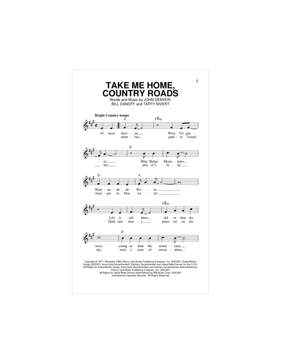 Take Me Home, Country Roads Piano scores gallery preview page 1