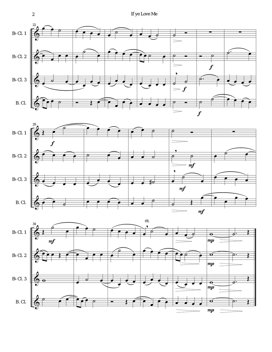 If ye love me for clarinet quartet (3 B flats and 1 bass) Clarinet Quartet scores gallery preview page 2