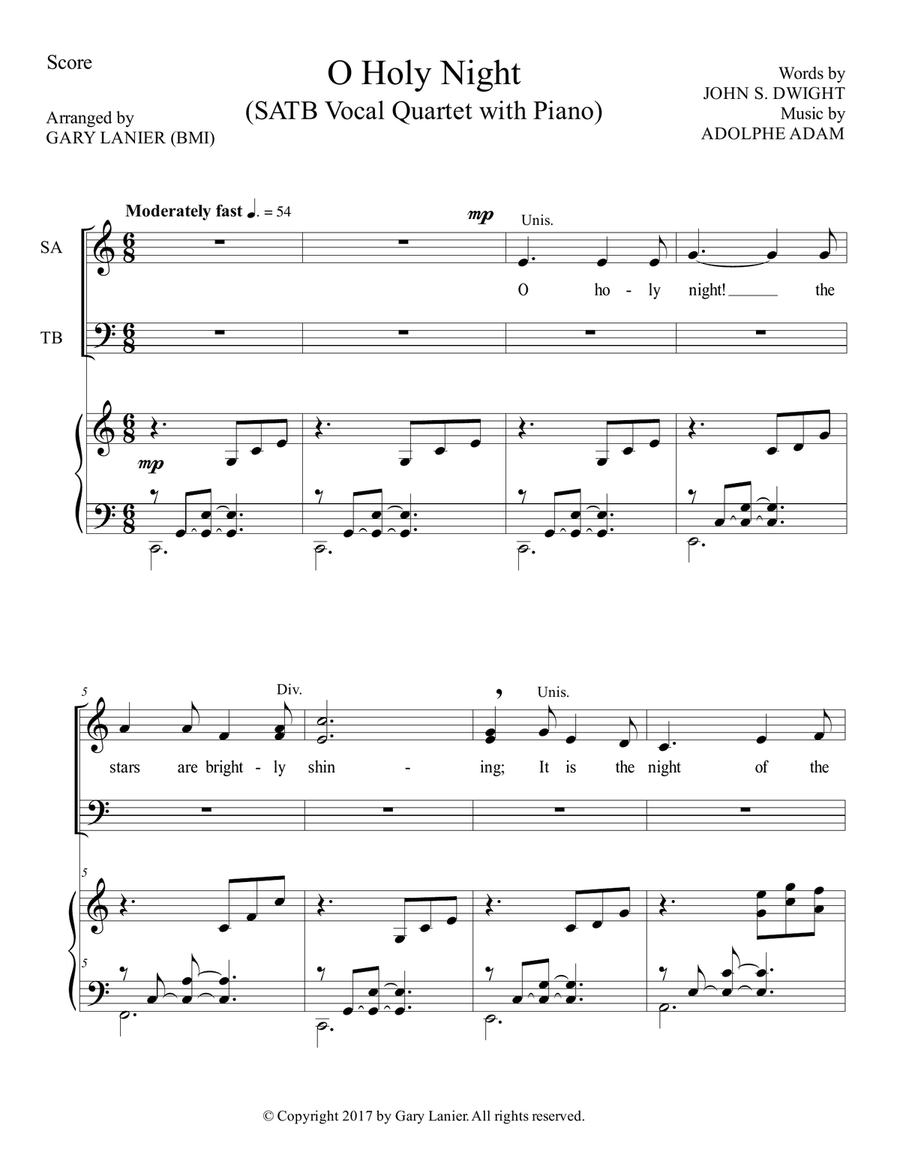 O HOLY NIGHT (SATB Vocal Quartet with Piano - Score & Quartet Part included) O HOLY NIGHT (SATB Vocal Quartet with Piano - Score & Quartet Part included) 4-Part scores gallery preview page 2