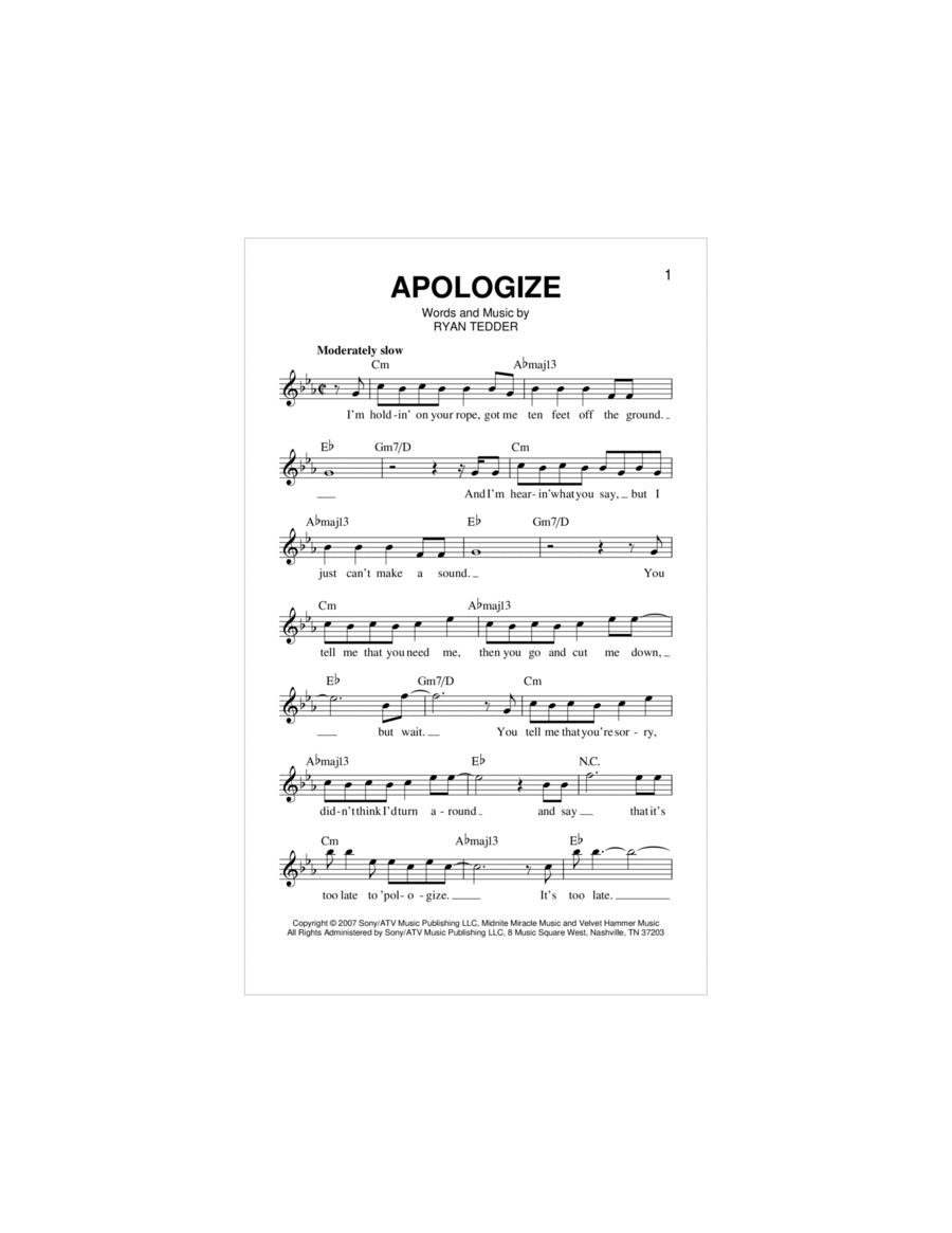 Apologize Piano scores gallery preview page 1