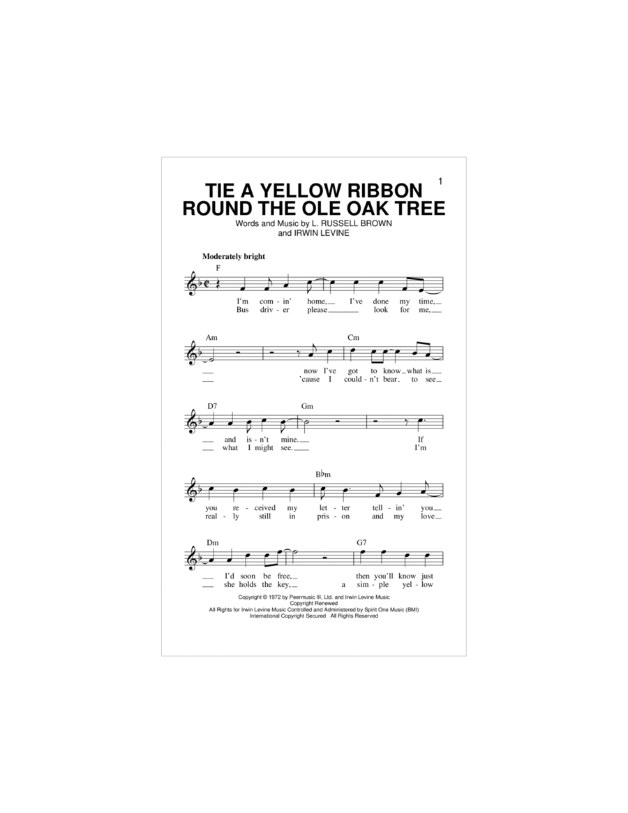 Tie A Yellow Ribbon Round The Ole Oak Tree Piano scores gallery preview page 1