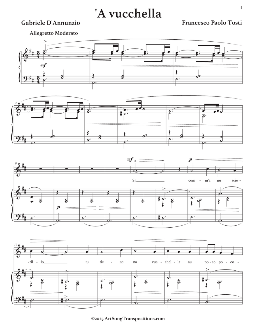 TOSTI: 'A vucchella (transposed to D major) Piano, Vocal scores gallery preview page 2