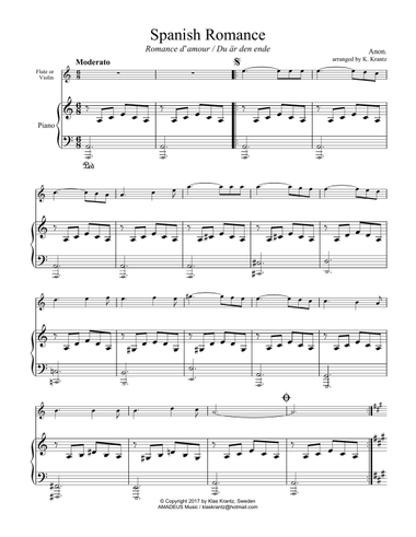 Spanish Romance, Romanza for flute or violin and easy piano