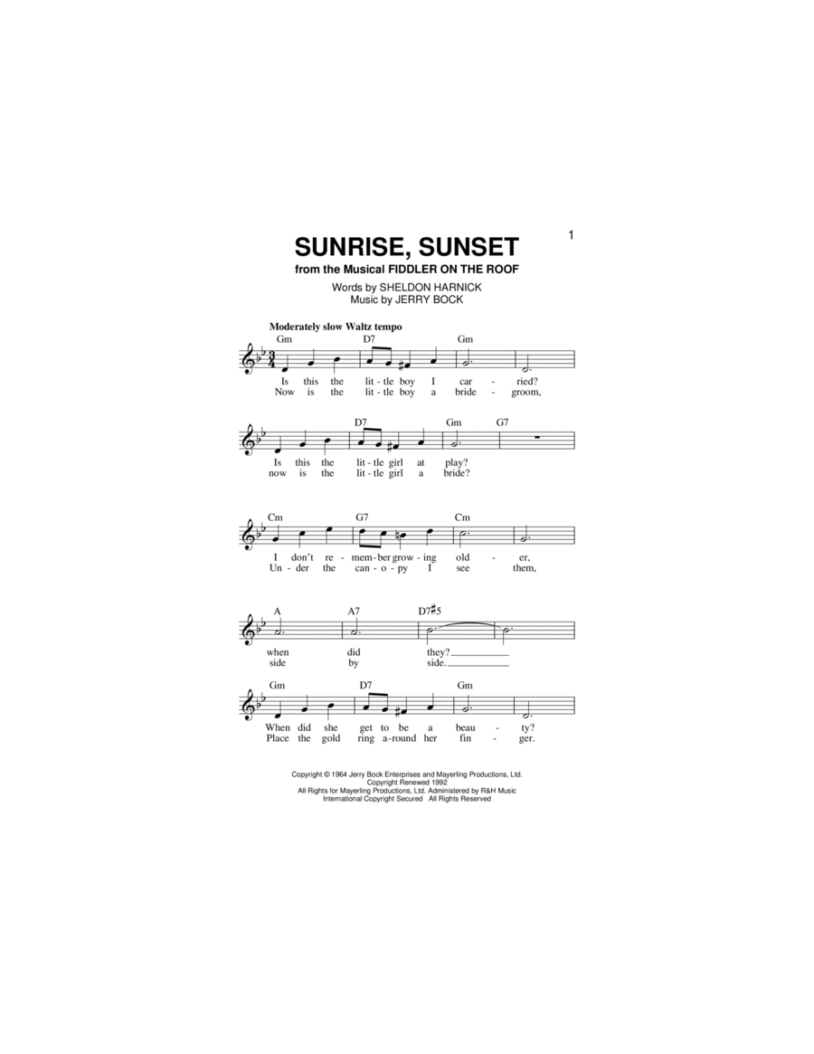 Sunrise, Sunset Piano scores gallery preview page 1