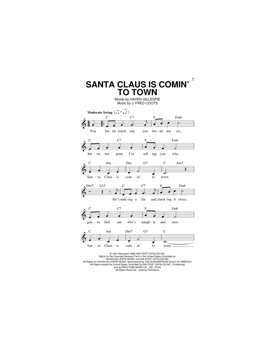 Santa Claus Is Comin' To Town Piano scores gallery preview page 1