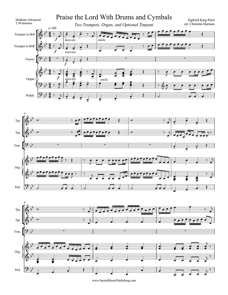 Praise the Lord with Drums and Cymbals – Two Trumpets, Organ and Optional Timpani Small Ensemble scores gallery preview page 2