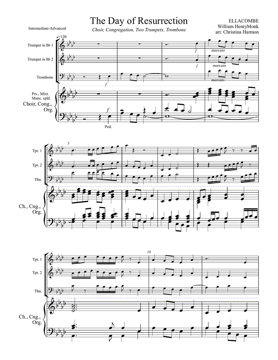 The Day of Resurrection, ELLACOMBE - Two Trumpets, Trombone, Congregation, and Organ Choir scores gallery preview page 2